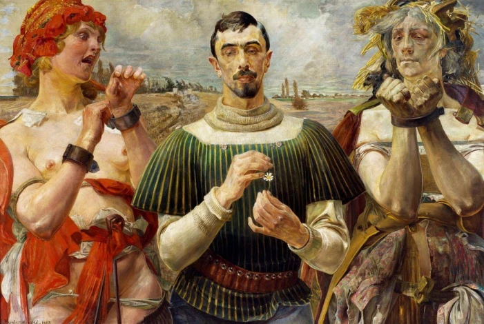 Polish Hamlet reproduction by Jacek Malczewski. Three figures in various poses with vivid clothing details.