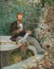 Reproduction of Adolfa Dygasiński\'s portrait by Jacek Malczewski. Man in a suit sitting on a bench among trees.