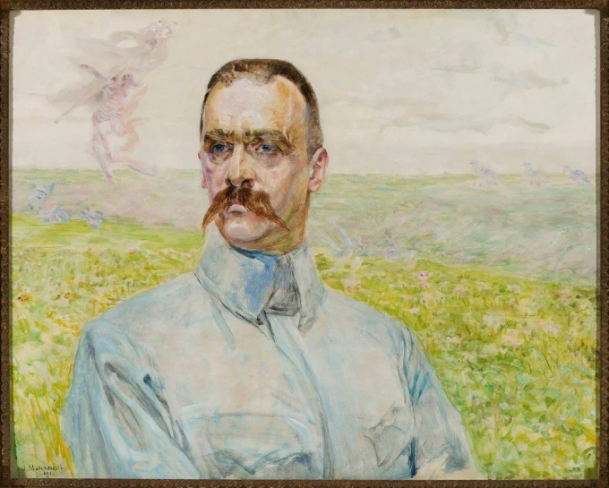 Portrait reproduction of Brigadier Józef Piłsudski by Jacek Malczewski. Man with a mustache in a light uniform.