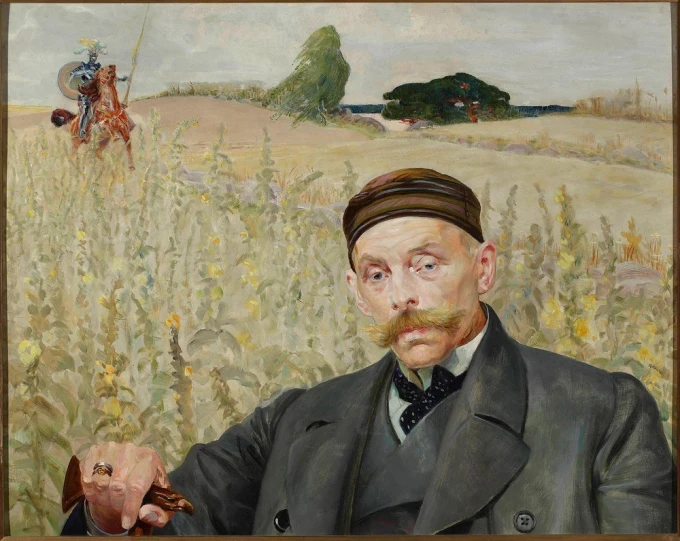 Portrait reproduction of Wacław Karczewski by Jacek Malczewski. Man with a mustache in a dark coat against a backdrop.