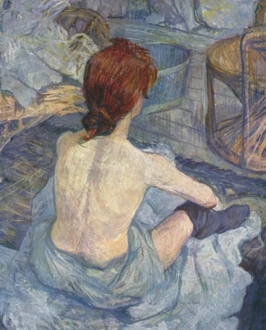Toulouse-Lautrec\'s La Toilette reproduction for bathroom decor. Walls in shades of blue.