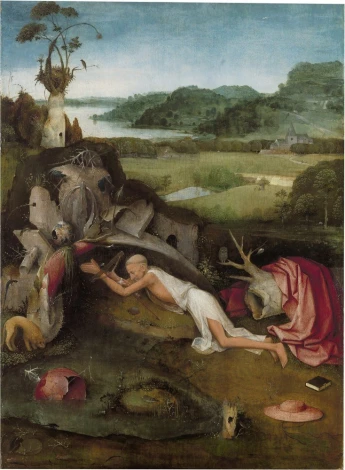 Reproduction of Saint Jerome by Hieronymus Bosch. Kneeling figure in white robe surrounded by natural elements.
