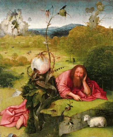 Reproduction of Saint John the Baptist in the Wilderness by Hieronymus Bosch. The saint\'s figure lies on the ground.