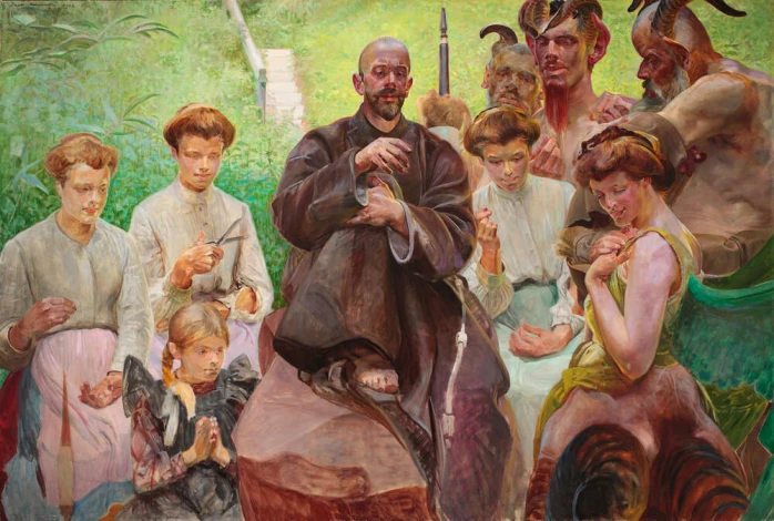 Saint Francis reproduction by Jacek Malczewski. Figures in various poses with diverse facial expressions.