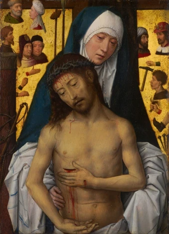 Reproduction of The Man of Sorrows in the arms of the Virgin by Hans Memling - Central composition with figures.