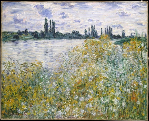 Reproduction of Ile aux Fleurs near Vetheuil by Claude Monet. The artwork features flowers in various shades.
