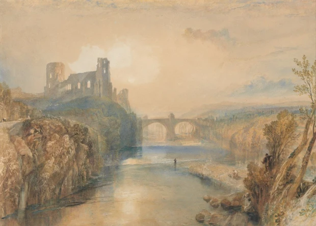 Reproduction of Barnard Castle by William Turner - Graphic design featuring a castle by the river, a bridge, and trees.