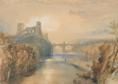 Reproduction of Barnard Castle by William Turner - Graphic design featuring a castle by the river, a bridge, and trees.