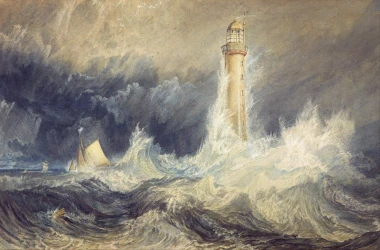 Bell Rock Lighthouse reproduction by William Turner - A graphic print depicting a lighthouse against a stormy sea.