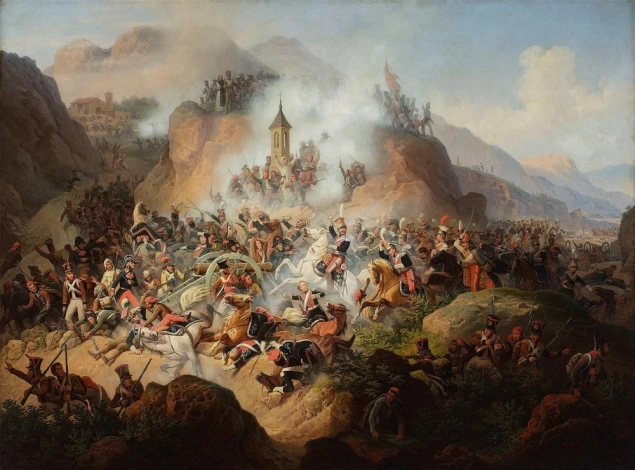 Battle of Somosierrą reproduction by January Suchodolski - a dynamic scene of battle in graphic form.