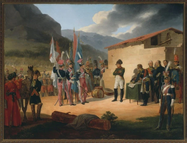 Battle of Tudela reproduction by January Suchodolski - Graphic design featuring soldiers in uniforms and flags.