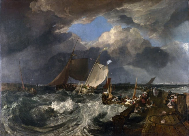 Calais Pier reproduction by William Turner. The artwork features the sea with boats, clouds, and waves.