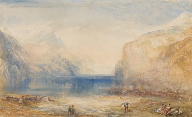 Fluelen Morning reproduction by William Turner - a landscape with mountains, water, and figures.