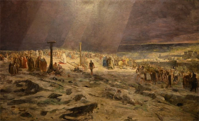 Golgotha reproduction by Jan Styka - Graphic design featuring a crowd on a hill with crosses and dramatic lighting.