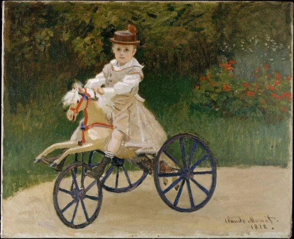 Reproduction of Claude Monet\'s 1867-1913 artwork featuring a child on a rocking horse, surrounded by nature.