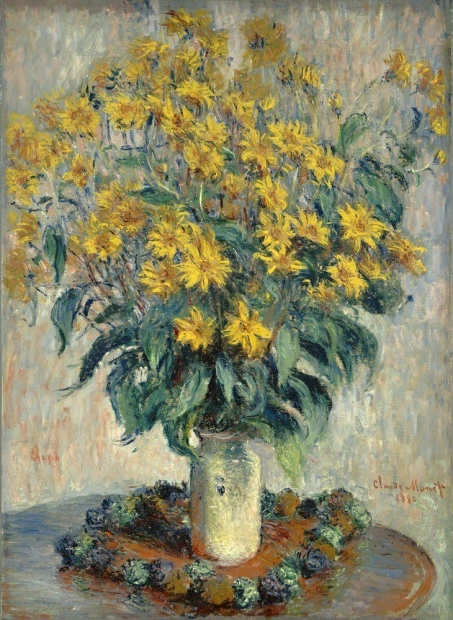 Reproduction of Jerusalem Artichoke Flower by Claude Monet - Graphic design. Bouquet of yellow flowers in a vase on a table.