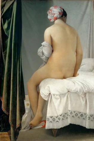 Reproduction of La Grande Baigneuse by Jean Auguste Dominique Ingres - Graphic design featuring a woman sitting on a bed.