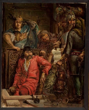 Reproduction of Jan Matejko\'s work by Maćko Borowiec. Dark walls and classic wooden furniture in the living room.