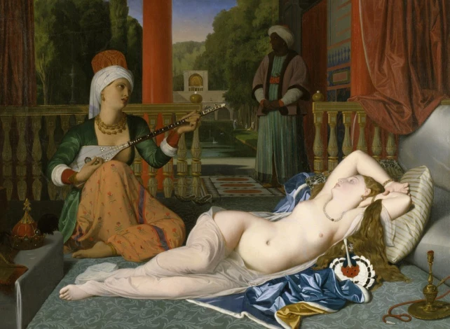 Reproduction of Odalisque with Slave by Jean Auguste Dominique Ingres - Living room arrangement with warm-colored walls.