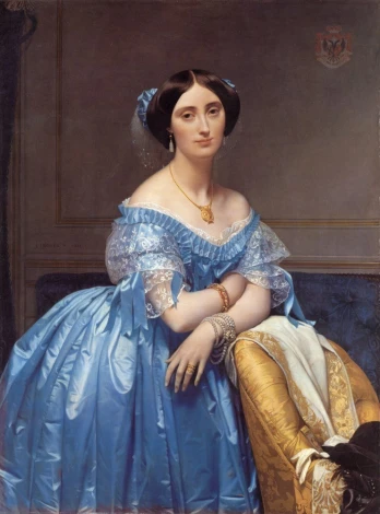 Reproduction of Portrait of Princess Albert de Broglie by Jean Auguste Dominique Ingres - Graphic design featuring a woman.