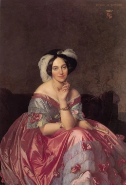 Reproduction of Portrait of Baroness James de Rothschild by Jean Auguste Dominique Ingres - Graphic design featuring a woman.