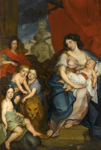 Portrait reproduction of Queen Maria Kazimiera with children, by Jerzy Siemiginowski Eleuter - Graphic design. Figures in costumes.