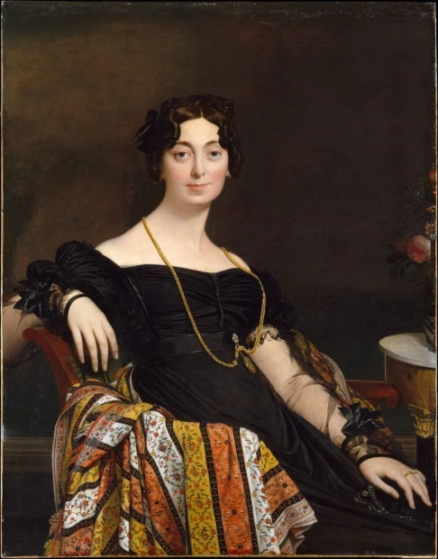 Reproduction of Portrait of Madame Leblanc by Jean Auguste Dominique Ingres - Graphic design. Woman in an elegant dress.