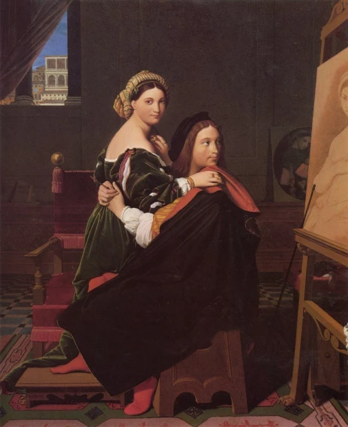 Reproduction of Raphael and the Fornarina by Jean Auguste Dominique Ingres - Artist\'s studio arrangement with dark walls.