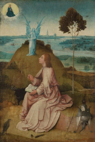 Reproduction of Saint John the Evangelist on Patmos by Hieronymus Bosch. A man in robes is writing.