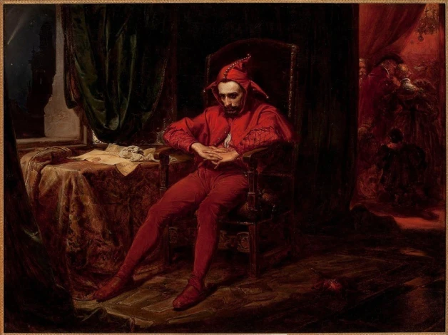Reproduction of Stańczyk by Jan Matejko. A jester in a red outfit sits on a chair with dark curtains in the background.