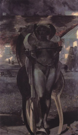 Reproduction of Thanatos II by Jacek Malczewski. Naked woman with wings on a dark background, graphic design elements.