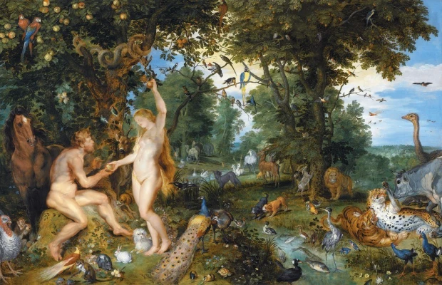 Reproduction of The Garden of Eden with the Fall of Man by Peter Paul Rubens. Scene depicts Adam and Eve.
