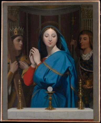 Reproduction of The Virgin Adoring the Host by Jean Auguste Dominique Ingres. Features figures in costumes.
