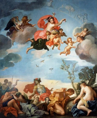 Spring reproduction by Jerzy Siemiginowski Eleuter - Graphic design featuring figures in motion, clouds, and elements.