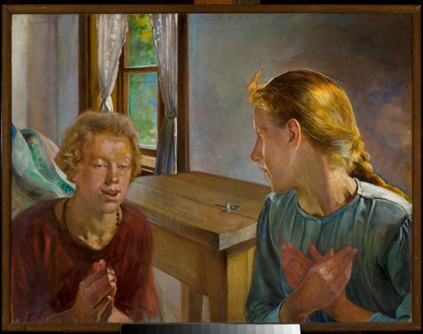 Annunciation reproduction by Jacek Malczewski. Brightly colored walls, wooden furniture, and a window in the room.