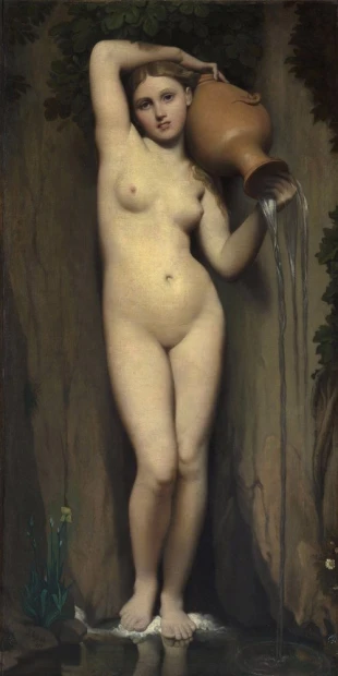 Reproduction of The Spring by Jean Auguste Dominique Ingres - Graphic design. Woman with a jug, water flowing from the vessel.
