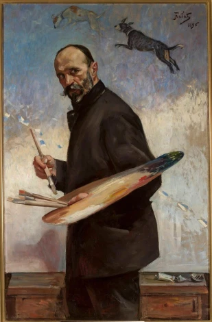 Self-portrait reproduction by Julian Fałat. Man with a paint palette, animals in motion in the background.