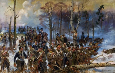 Reproduction of the Battle of Olszynka Grochowska by Wojciech Kossak. Dynamic scene with soldiers and trees in the background.