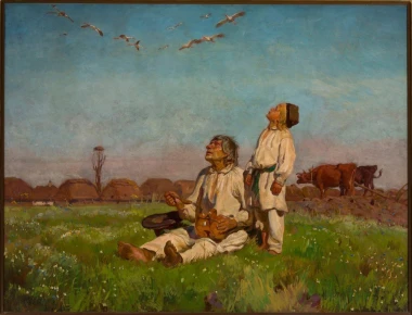 Stork painting reproduction by Józef Chełmoński, set in a bright, natural rural environment.