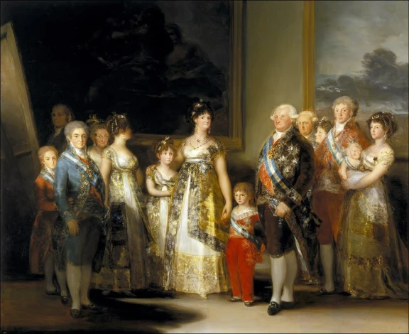 Reproduction of Charles IV of Spain and His Family by Francisco Goya. Figures in historical costumes, various styles.