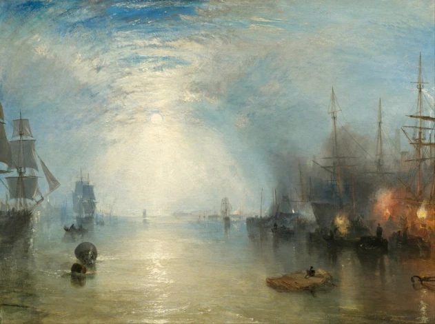 Reproduction of Keelmen Heaving in Coals by Moonlight, William Turner - Graphic design. Image shows ships on water.