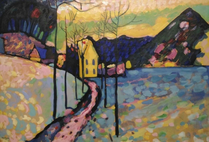 Reproduction of Composition VIII by Wassily Kandinsky - Colorful shapes create a landscape with a house, trees, and a mountain.