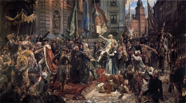 Reproduction of the May 3rd Constitution by Jan Matejko. Scene shows a crowd with flags and banners.