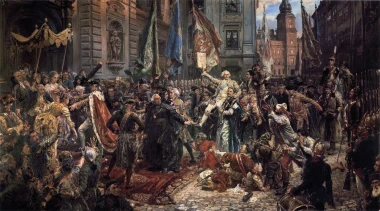 Reproduction of the May 3rd Constitution by Jan Matejko. Scene shows a crowd with flags and banners.