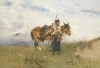 Cossack guard reproduction by Józef Brandt. Cossack on horseback against a backdrop of clouds and grass.