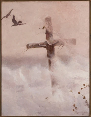Reproduction of the painting Cross in a Snowstorm by Józef Chełmoński. It depicts a cross in a snowy blizzard with birds.