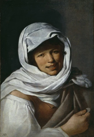 Reproduction of La gallega de la moneda by Bartolome Esteban Murillo. The image features a woman in a white headpiece.