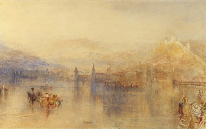Reproduction of Lucerne from the Lake by William Turner. The image features a lake with mountains in the background and boats.
