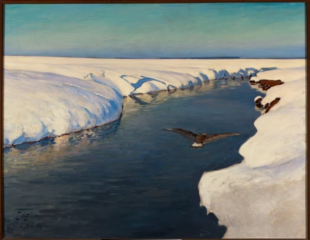 Winter landscape reproduction with a river and bird by Julian Fałat. Snowy river, bird in flight, sky.