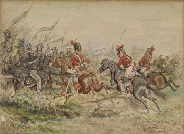 Reproduction of Polish soldiers fighting Russians by Juliusz Kossak. Scene shows soldiers on horseback.